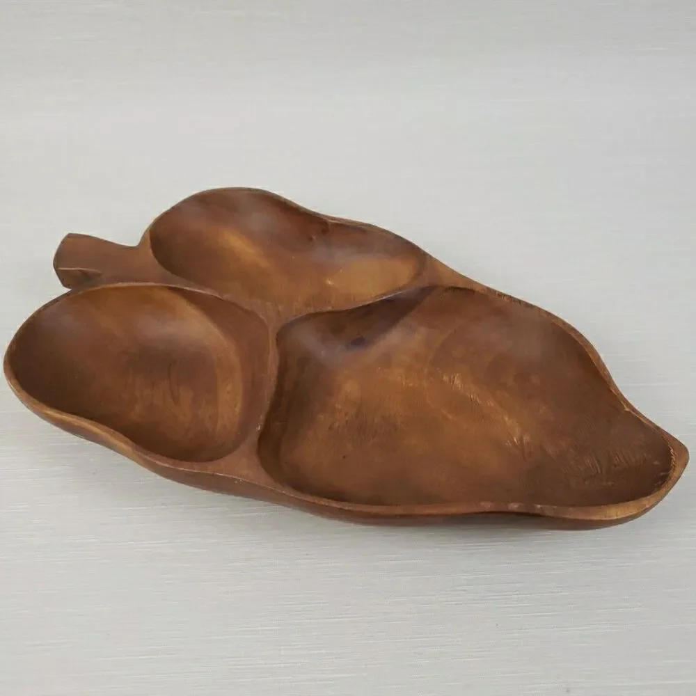 VTG Monkey Pod Wood Banana Leaf Shape Tray Bowl Platter MCM Cottage Farmhouse